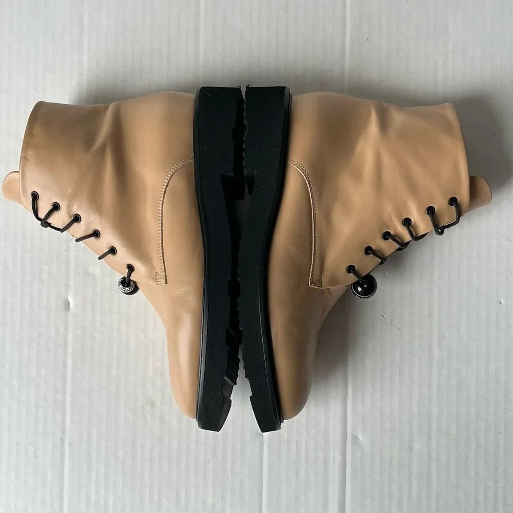 DEAR FRANCES Park Boot Womens 9.5 Camel Tan Leather Lace Up Ankle Combat Beaded